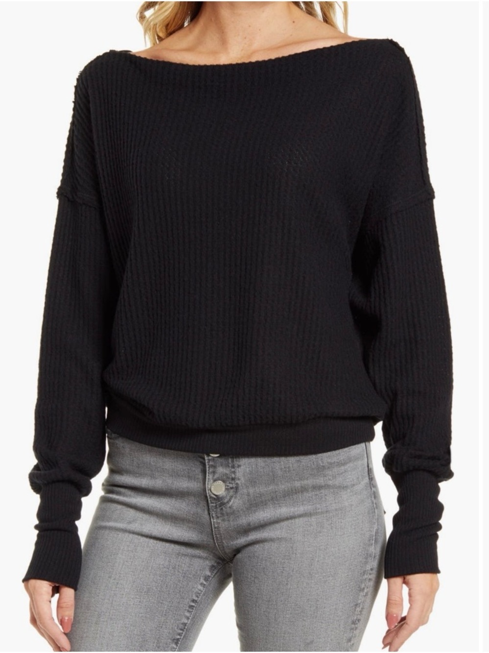Treasure & Bond Black Off-the-Shoulder Ribbed Sweater